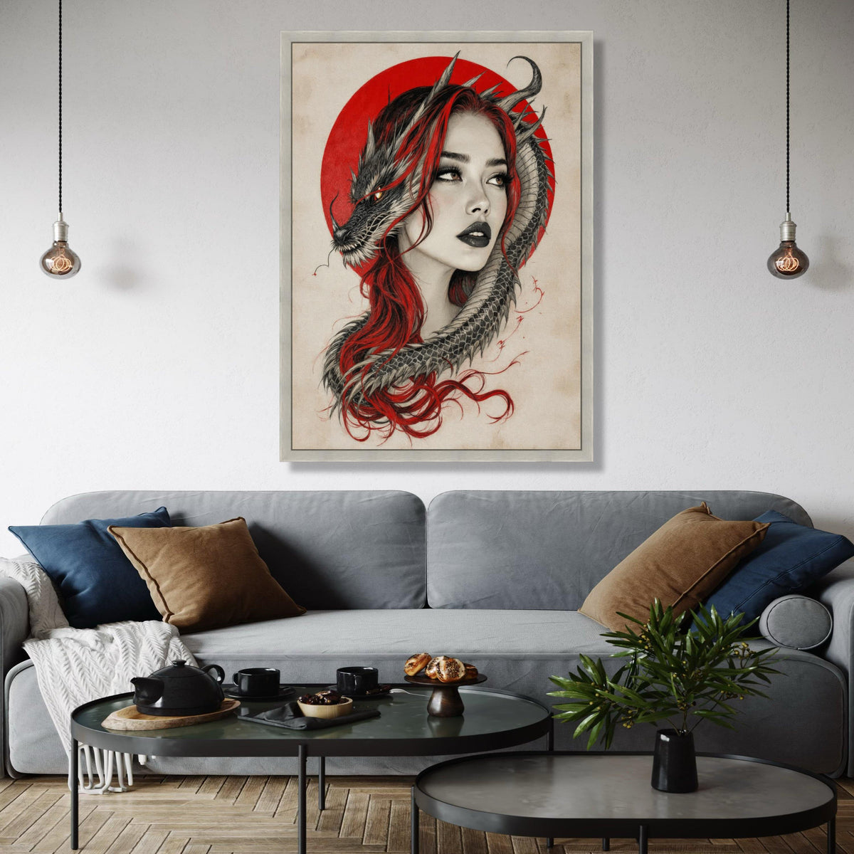 Mystical Woman with Dragon, Red Hair and Oriental Circle Canvas, Fantasy Wall Art, Asian Mythology Decor, Dragon Gift Art, Home Decor, Print