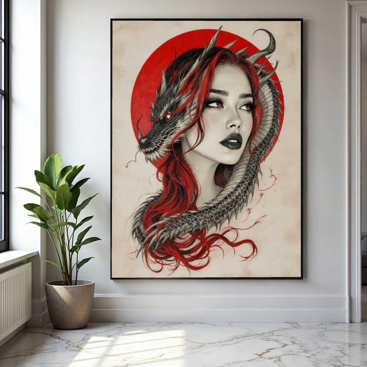 Mystical Woman with Dragon, Red Hair and Oriental Circle Canvas, Fantasy Wall Art, Asian Mythology Decor, Dragon Gift Art, Home Decor, Print