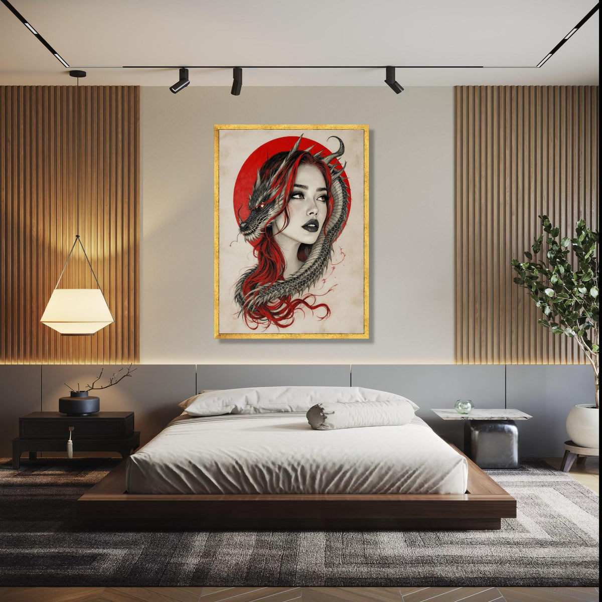 Mystical Woman with Dragon, Red Hair and Oriental Circle Canvas, Fantasy Wall Art, Asian Mythology Decor, Dragon Gift Art, Home Decor, Print