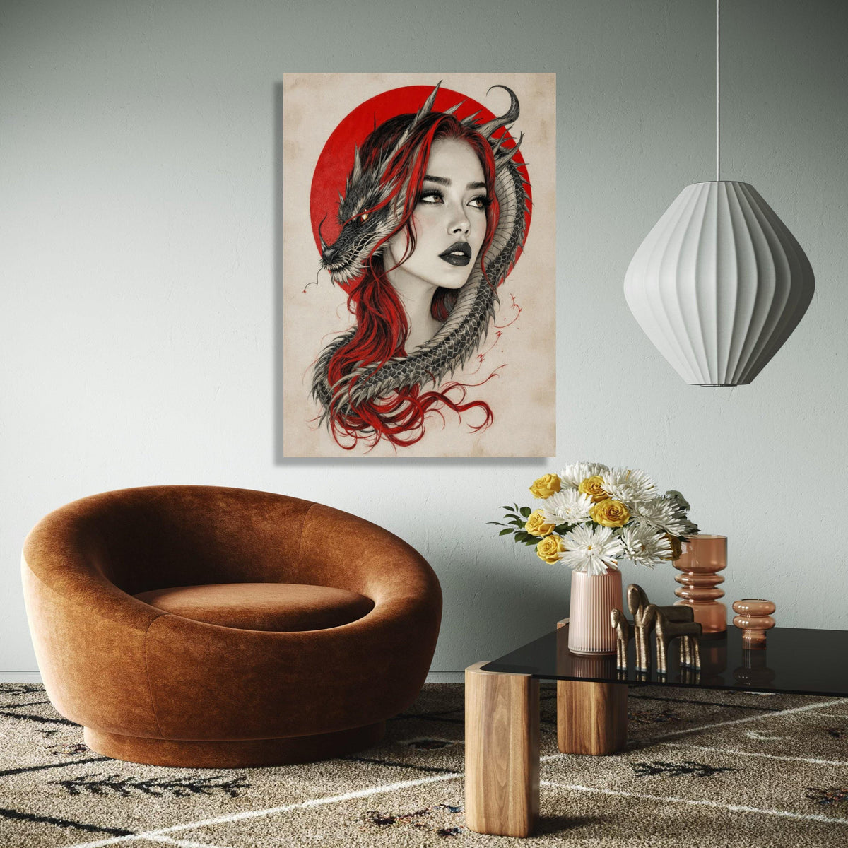 Mystical Woman with Dragon, Red Hair and Oriental Circle Canvas, Fantasy Wall Art, Asian Mythology Decor, Dragon Gift Art, Home Decor, Print