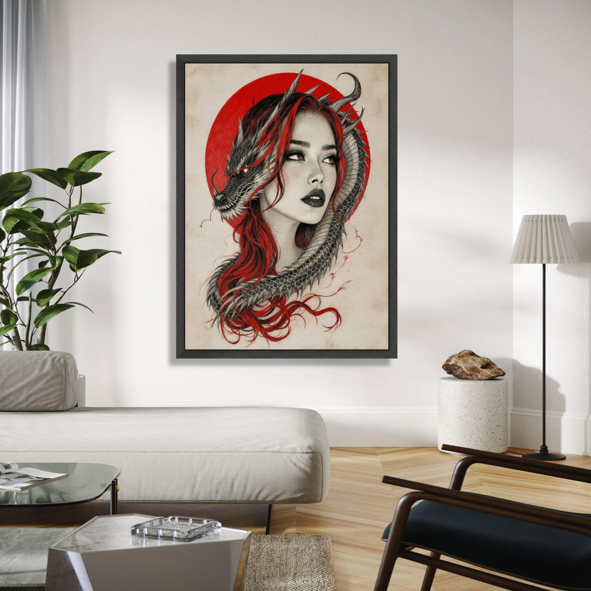 Mystical Woman with Dragon, Red Hair and Oriental Circle Canvas, Fantasy Wall Art, Asian Mythology Decor, Dragon Gift Art, Home Decor, Print