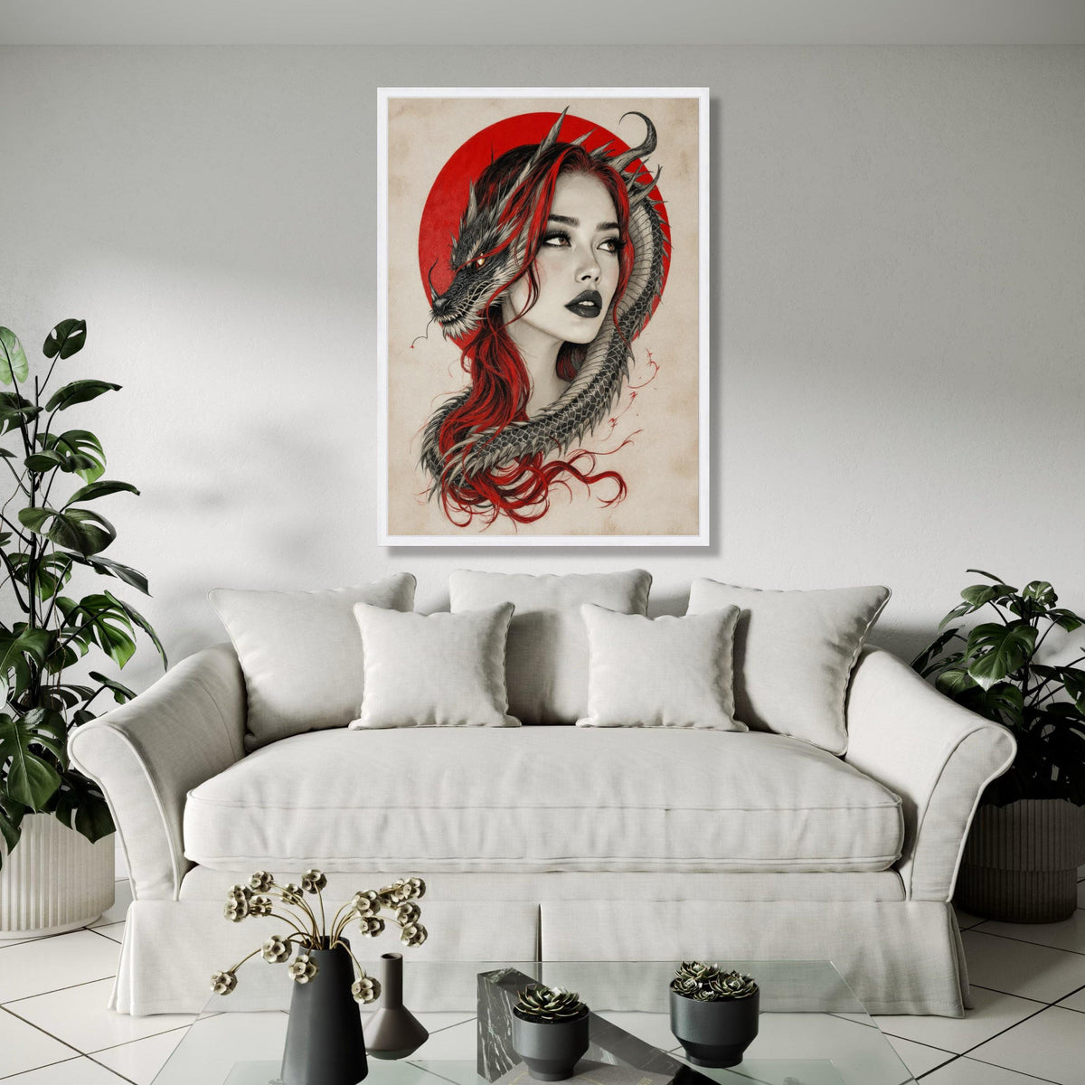 Mystical Woman with Dragon, Red Hair and Oriental Circle Canvas, Fantasy Wall Art, Asian Mythology Decor, Dragon Gift Art, Home Decor, Print
