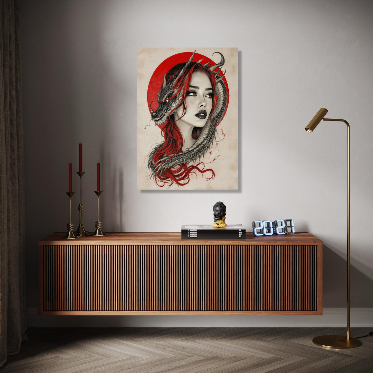 Mystical Woman with Dragon, Red Hair and Oriental Circle Canvas, Fantasy Wall Art, Asian Mythology Decor, Dragon Gift Art, Home Decor, Print