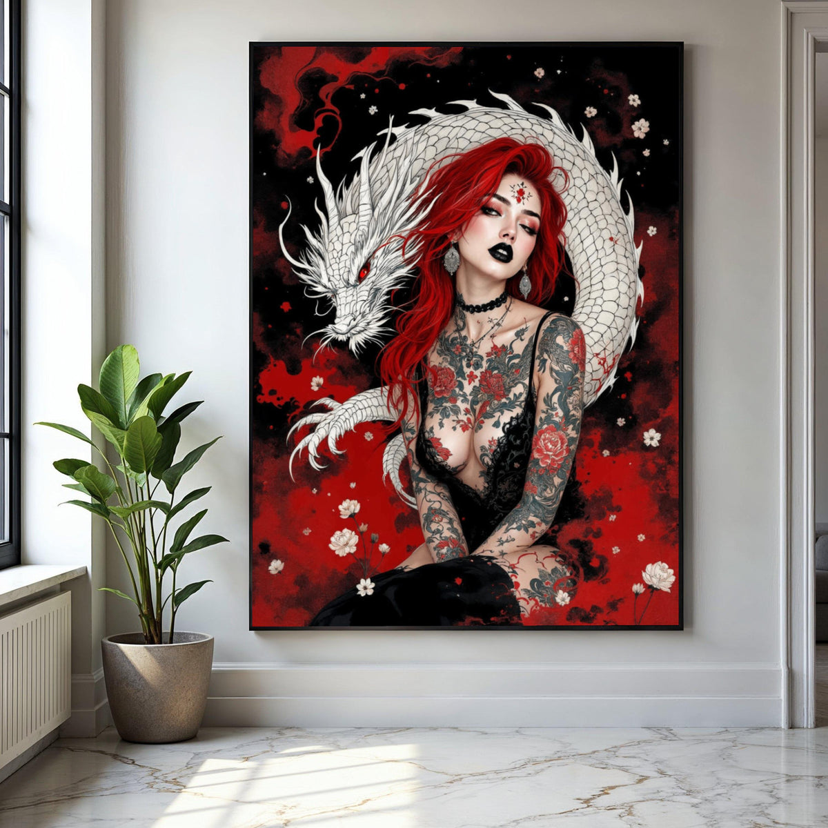 Red-Haired Woman with White Dragon Canvas, Gothic Tattoo Art, Floral and Mythical Creature Wall Art, Dark Gift Art, Home Decor, Print