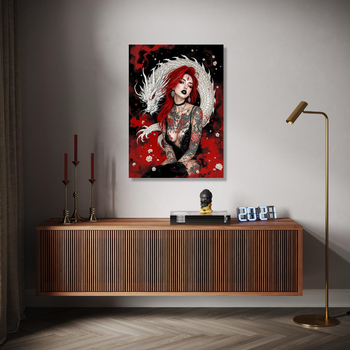 Red-Haired Woman with White Dragon Canvas, Gothic Tattoo Art, Floral and Mythical Creature Wall Art, Dark Gift Art, Home Decor, Print
