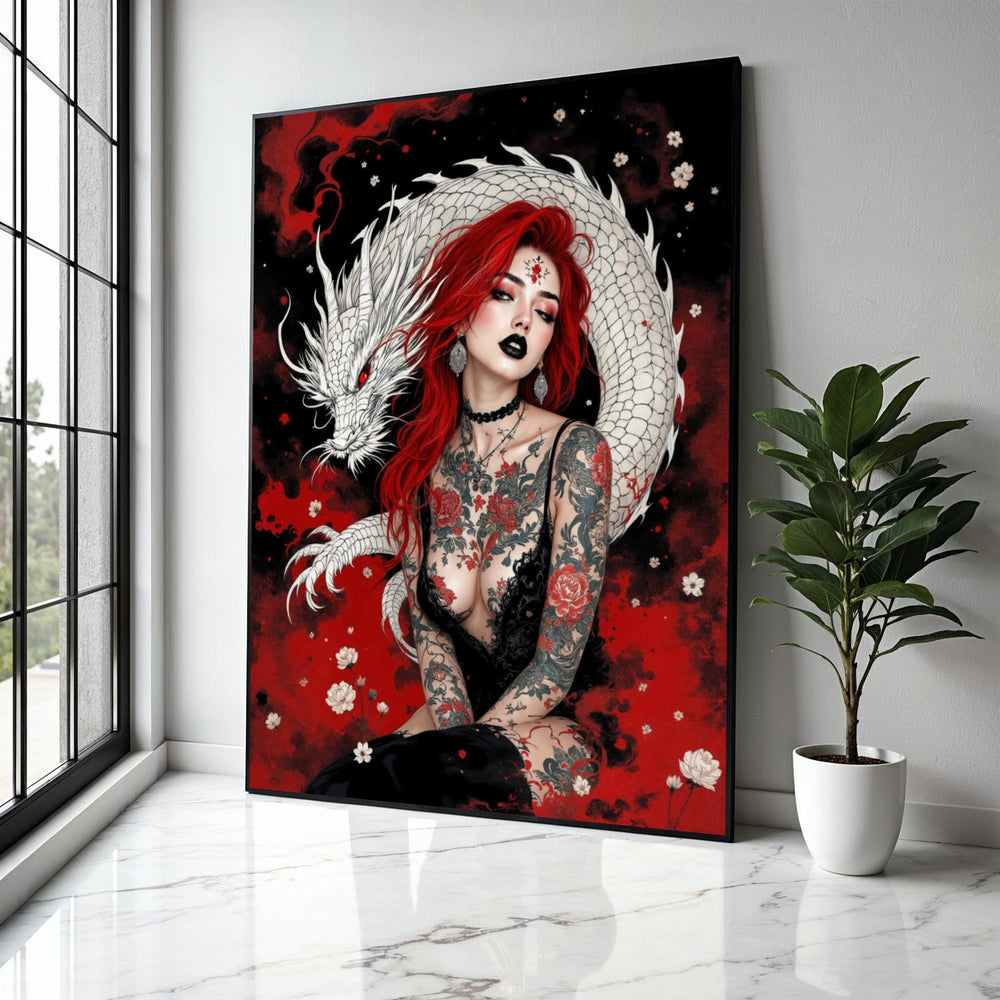 Red-Haired Woman with White Dragon Canvas, Gothic Tattoo Art, Floral and Mythical Creature Wall Art, Dark Gift Art, Home Decor, Print