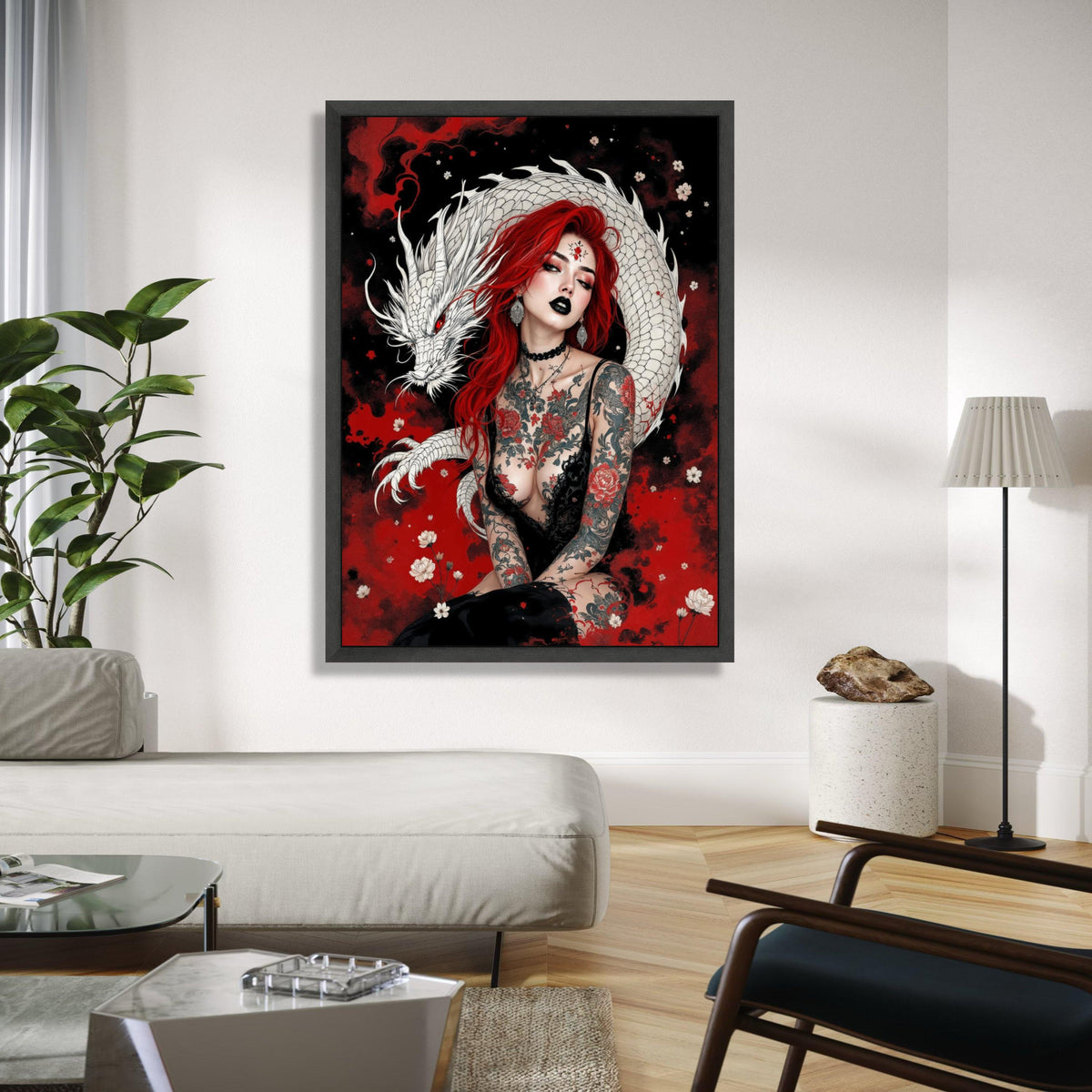 Red-Haired Woman with White Dragon Canvas, Gothic Tattoo Art, Floral and Mythical Creature Wall Art, Dark Gift Art, Home Decor, Print