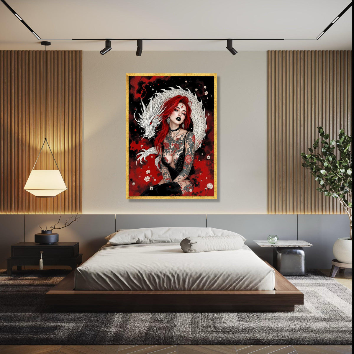 Red-Haired Woman with White Dragon Canvas, Gothic Tattoo Art, Floral and Mythical Creature Wall Art, Dark Gift Art, Home Decor, Print