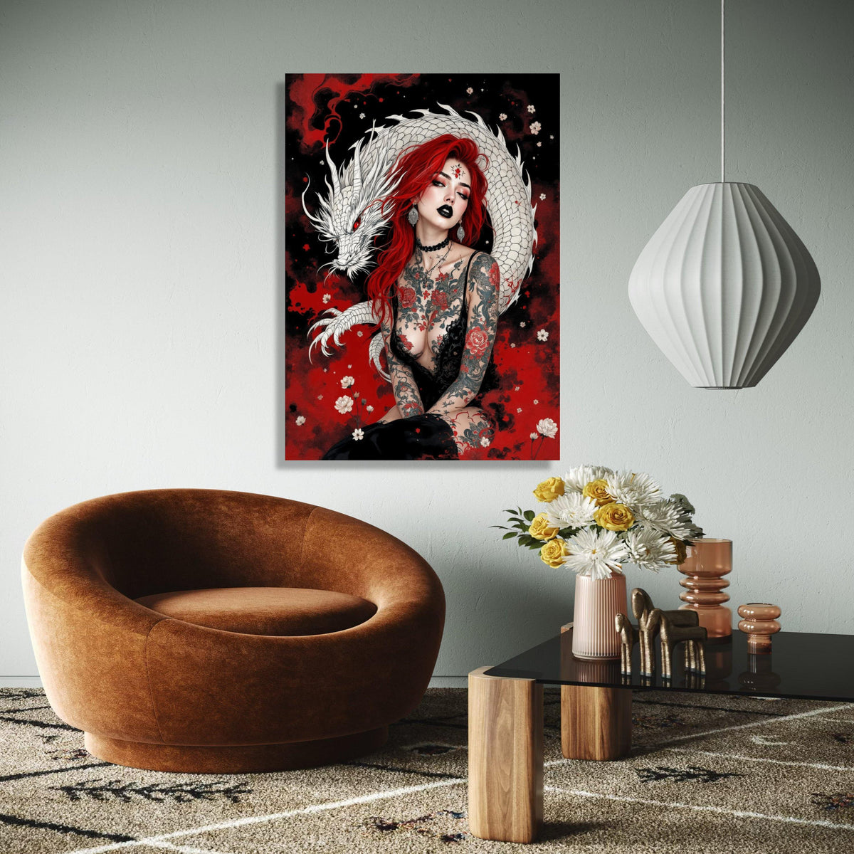 Red-Haired Woman with White Dragon Canvas, Gothic Tattoo Art, Floral and Mythical Creature Wall Art, Dark Gift Art, Home Decor, Print