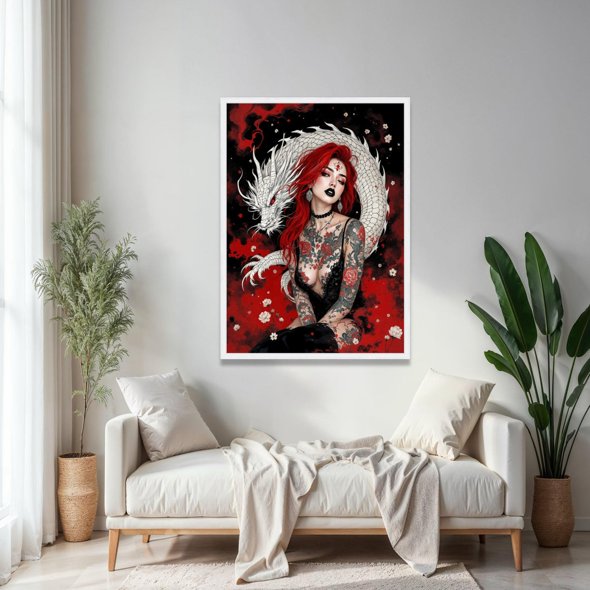 Red-Haired Woman with White Dragon Canvas, Gothic Tattoo Art, Floral and Mythical Creature Wall Art, Dark Gift Art, Home Decor, Print