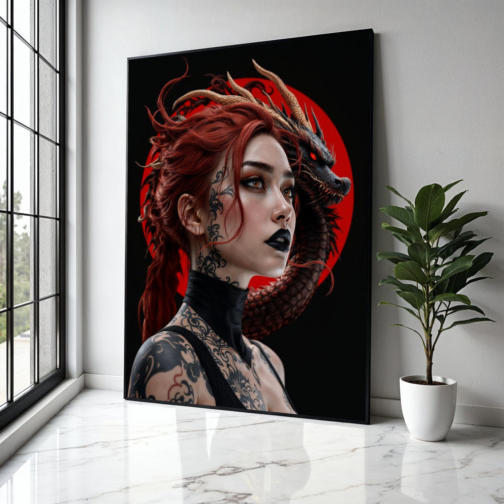 Fierce Red-Haired Woman with Black Dragon, Tattooed Fantasy Portrait Canvas, Gothic Wall Art, Dark Fantasy Gift Art, Home Decor, Print