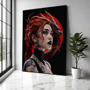 Fierce Red-Haired Woman with Black Dragon, Tattooed Fantasy Portrait Canvas, Gothic Wall Art, Dark Fantasy Gift Art, Home Decor, Print