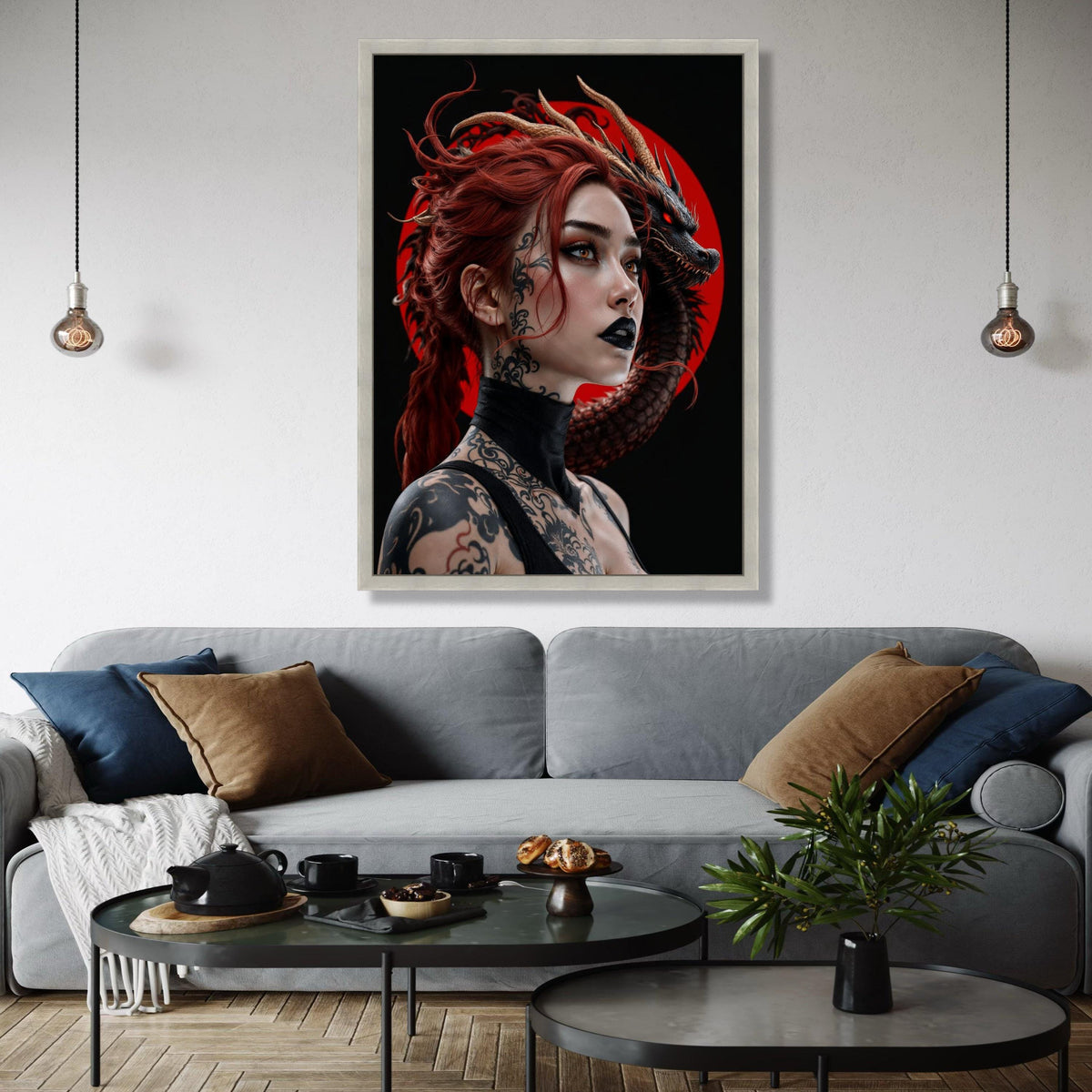 Fierce Red-Haired Woman with Black Dragon, Tattooed Fantasy Portrait Canvas, Gothic Wall Art, Dark Fantasy Gift Art, Home Decor, Print