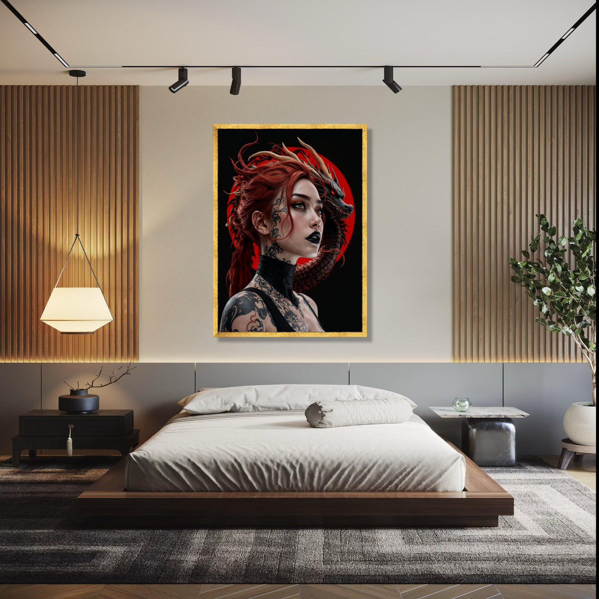 Fierce Red-Haired Woman with Black Dragon, Tattooed Fantasy Portrait Canvas, Gothic Wall Art, Dark Fantasy Gift Art, Home Decor, Print