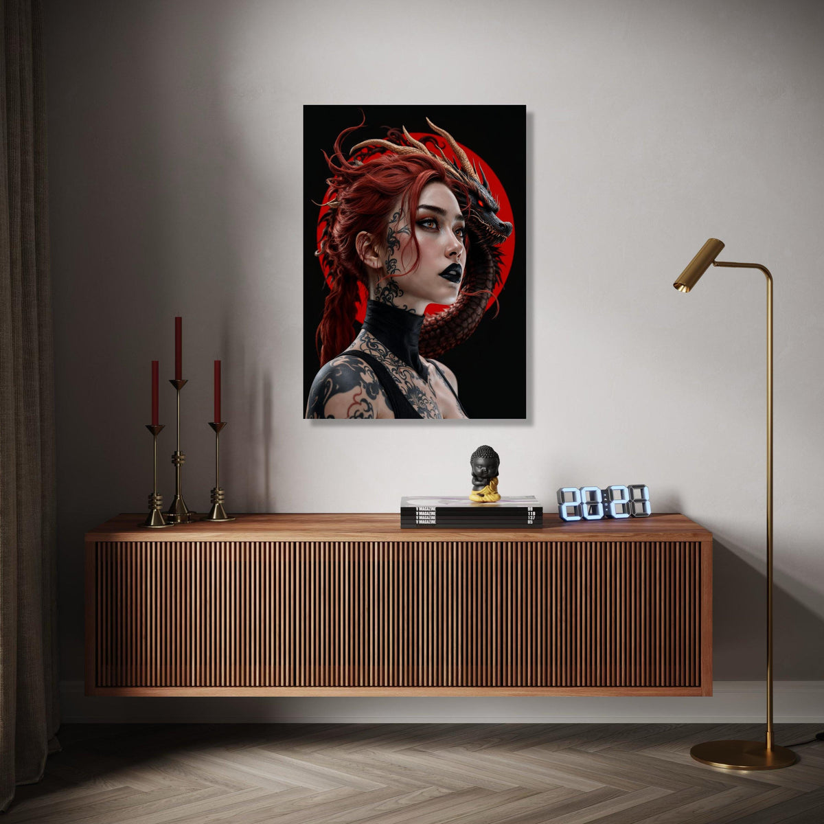 Fierce Red-Haired Woman with Black Dragon, Tattooed Fantasy Portrait Canvas, Gothic Wall Art, Dark Fantasy Gift Art, Home Decor, Print