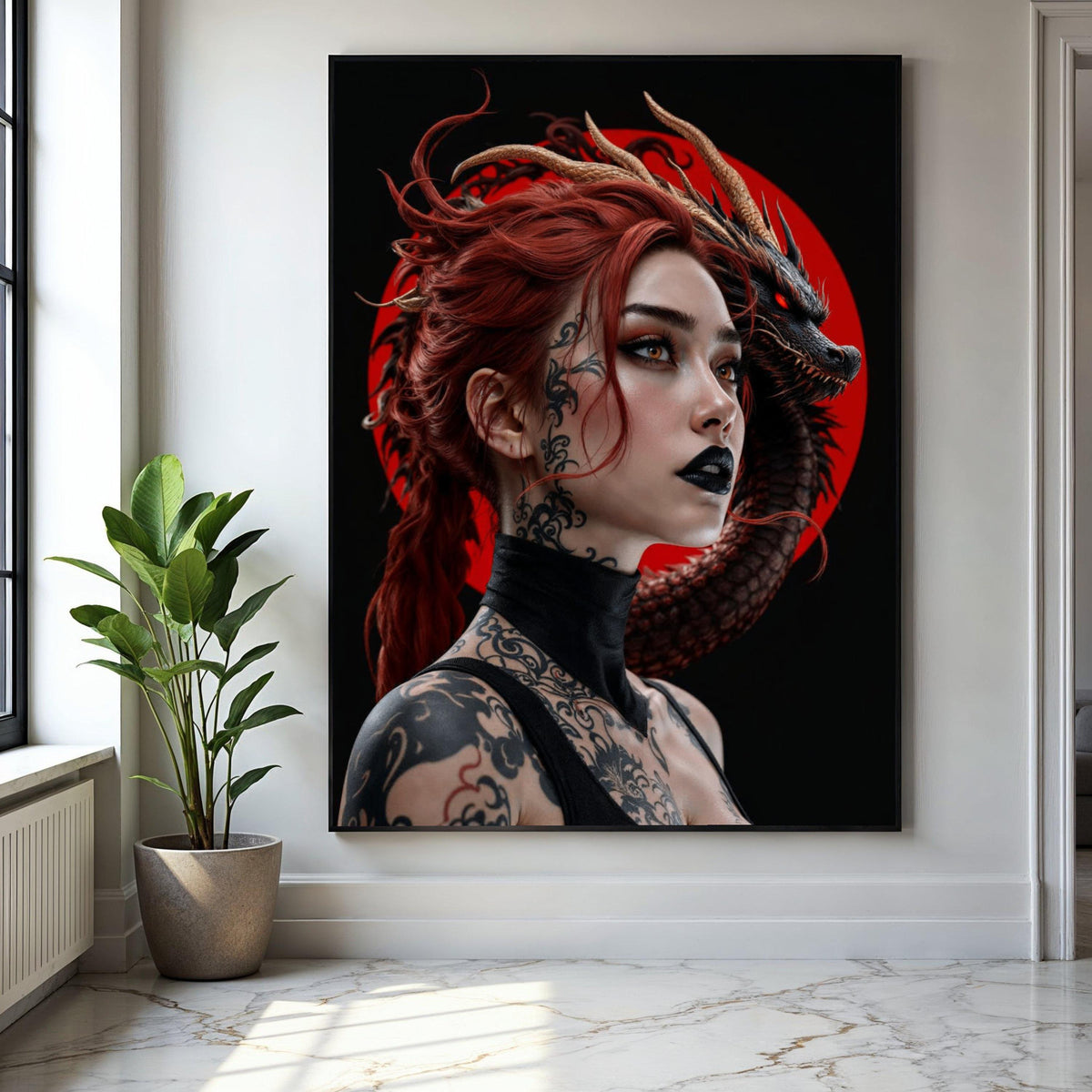 Fierce Red-Haired Woman with Black Dragon, Tattooed Fantasy Portrait Canvas, Gothic Wall Art, Dark Fantasy Gift Art, Home Decor, Print
