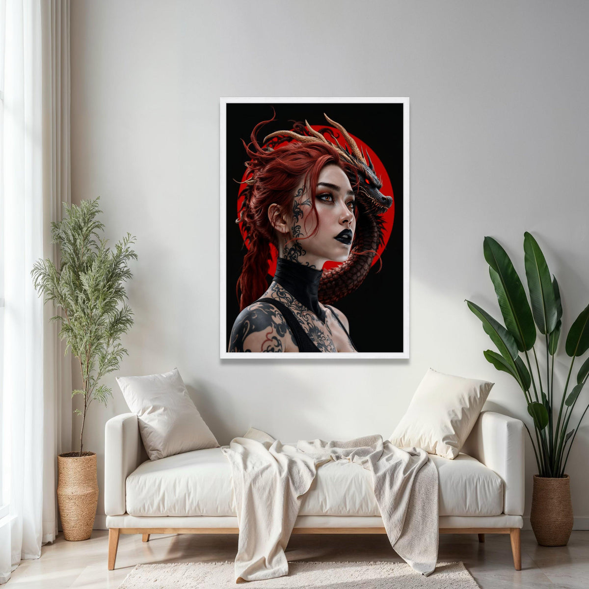 Fierce Red-Haired Woman with Black Dragon, Tattooed Fantasy Portrait Canvas, Gothic Wall Art, Dark Fantasy Gift Art, Home Decor, Print