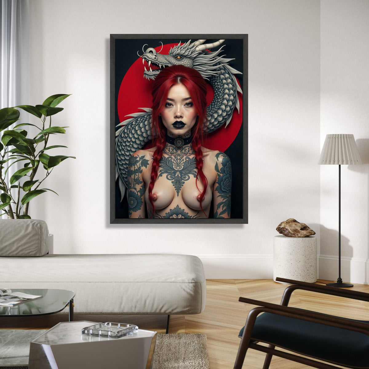 Fierce Red-Haired Woman with Dragon, Tattooed Body Art Canvas, Asian Mythical Dragon Wall Art, Bold Portrait Gift Art, Home Decor, Print