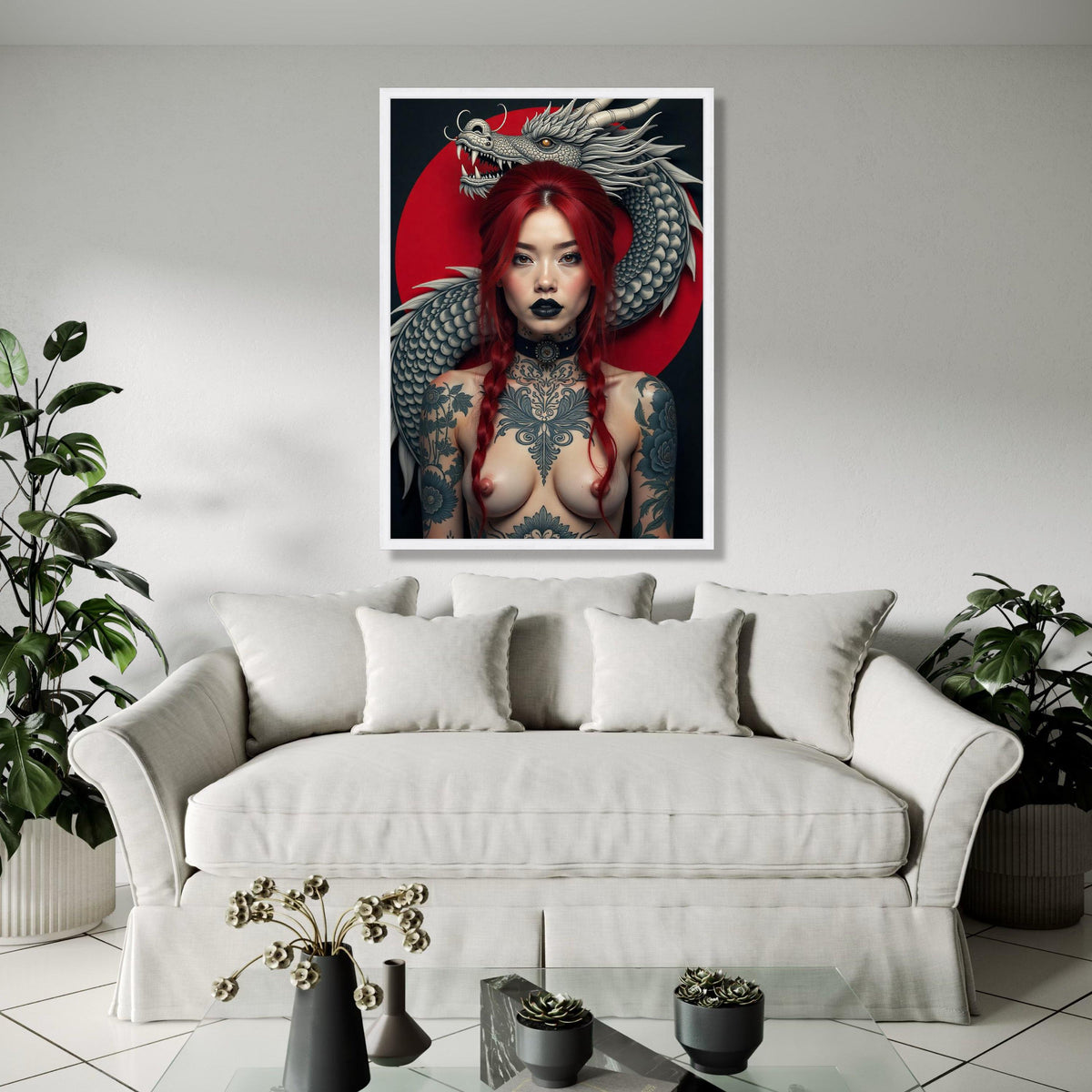 Fierce Red-Haired Woman with Dragon, Tattooed Body Art Canvas, Asian Mythical Dragon Wall Art, Bold Portrait Gift Art, Home Decor, Print