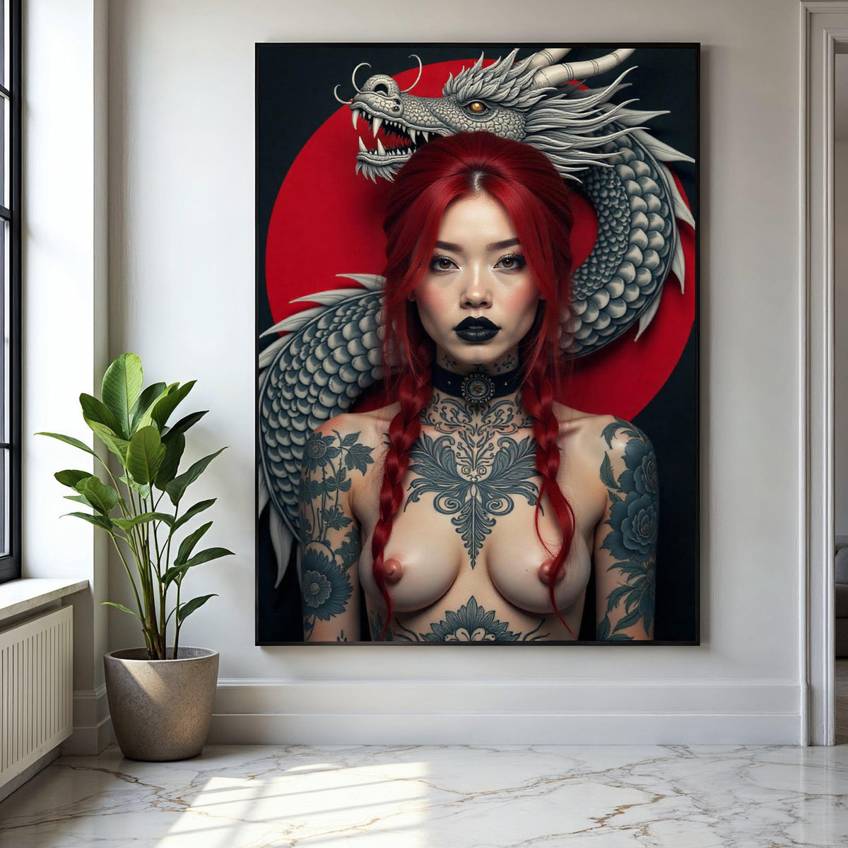 Fierce Red-Haired Woman with Dragon, Tattooed Body Art Canvas, Asian Mythical Dragon Wall Art, Bold Portrait Gift Art, Home Decor, Print