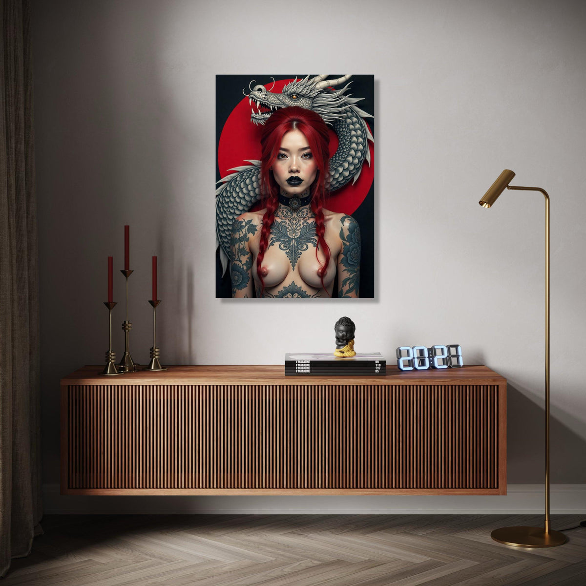 Fierce Red-Haired Woman with Dragon, Tattooed Body Art Canvas, Asian Mythical Dragon Wall Art, Bold Portrait Gift Art, Home Decor, Print