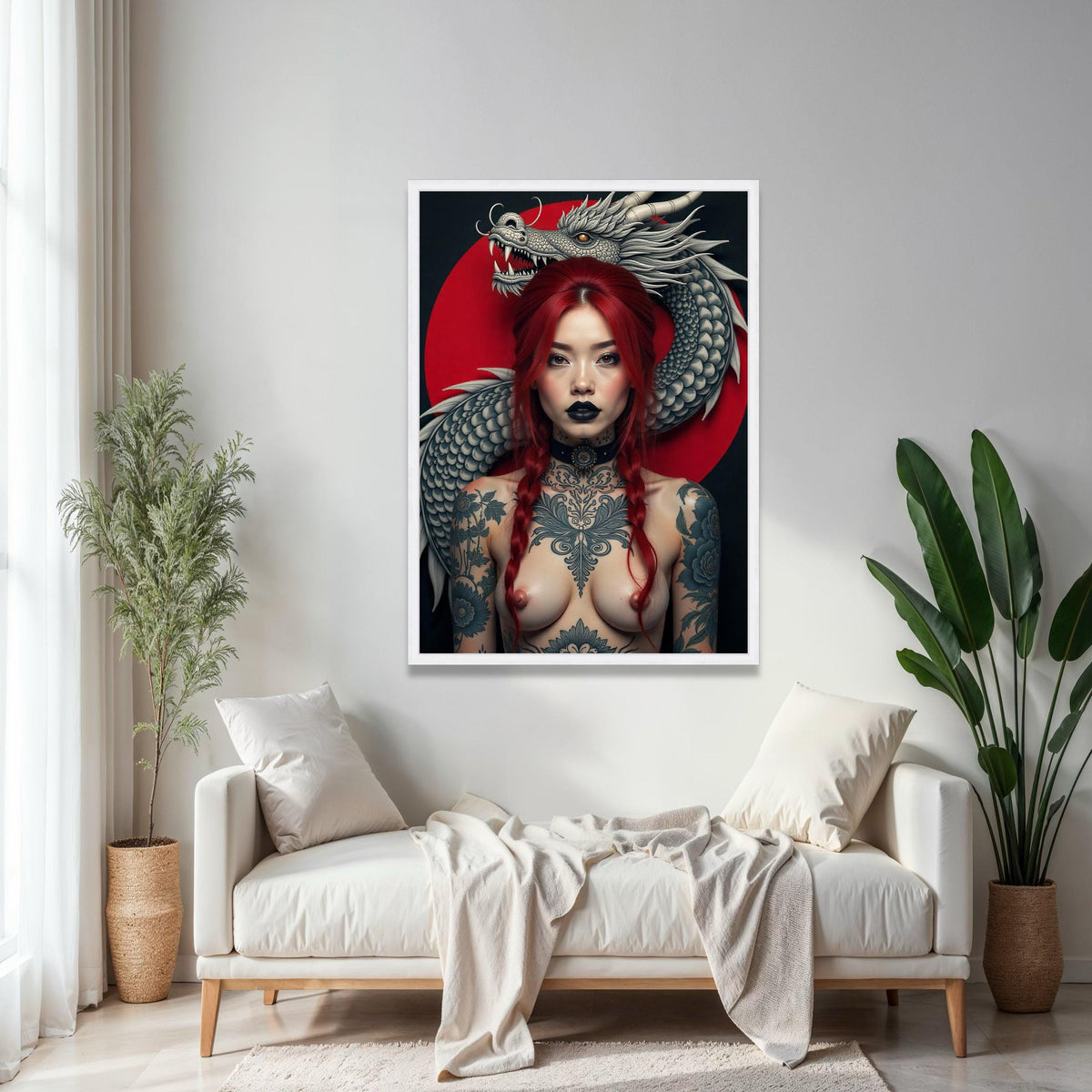 Fierce Red-Haired Woman with Dragon, Tattooed Body Art Canvas, Asian Mythical Dragon Wall Art, Bold Portrait Gift Art, Home Decor, Print