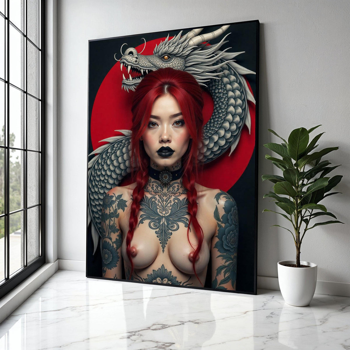 Fierce Red-Haired Woman with Dragon, Tattooed Body Art Canvas, Asian Mythical Dragon Wall Art, Bold Portrait Gift Art, Home Decor, Print