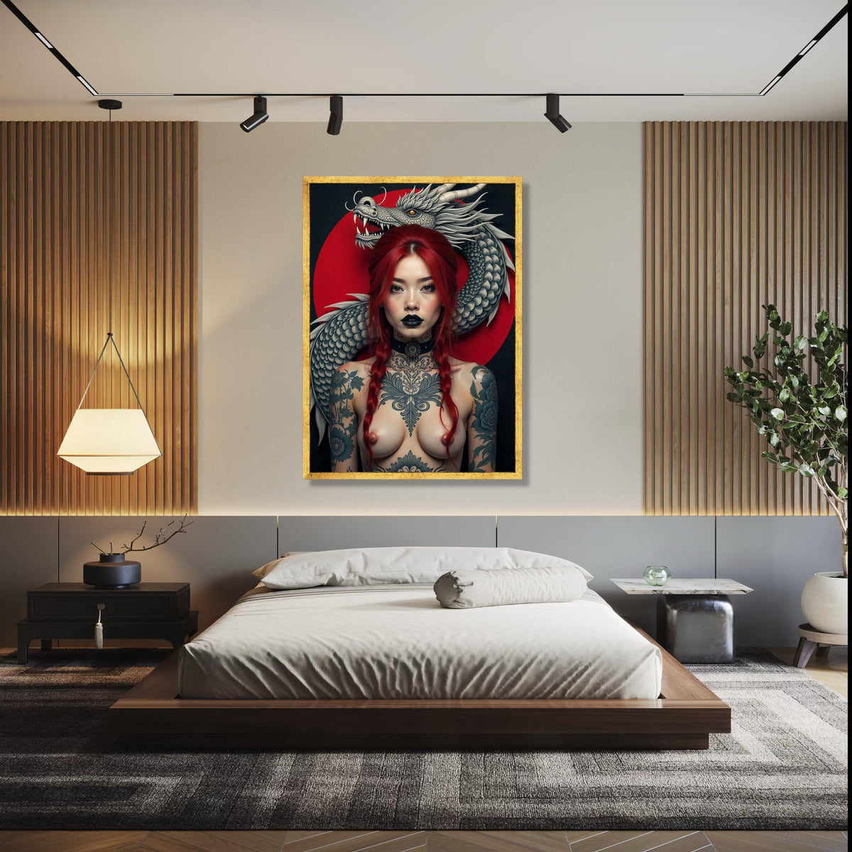 Fierce Red-Haired Woman with Dragon, Tattooed Body Art Canvas, Asian Mythical Dragon Wall Art, Bold Portrait Gift Art, Home Decor, Print