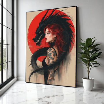 Red-Haired Woman with Black Dragon Canvas, Tattoo Art Wall Decor, Mythical Fantasy Illustration, Asian-Inspired Gift Art, Home Decor, Print