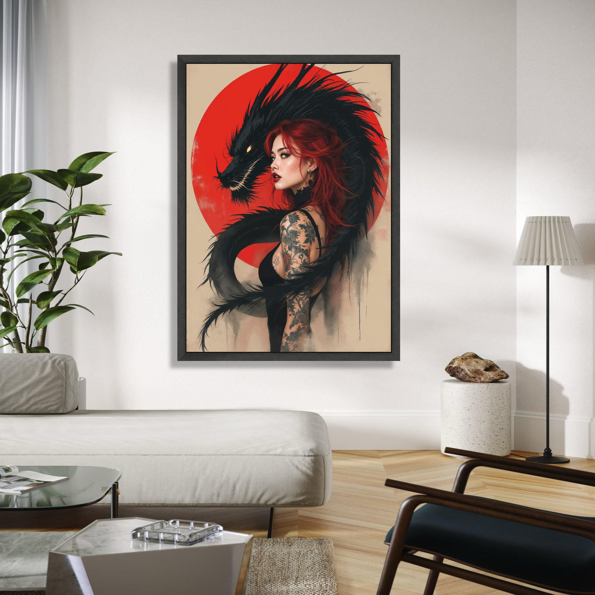 Red-Haired Woman with Black Dragon Canvas, Tattoo Art Wall Decor, Mythical Fantasy Illustration, Asian-Inspired Gift Art, Home Decor, Print