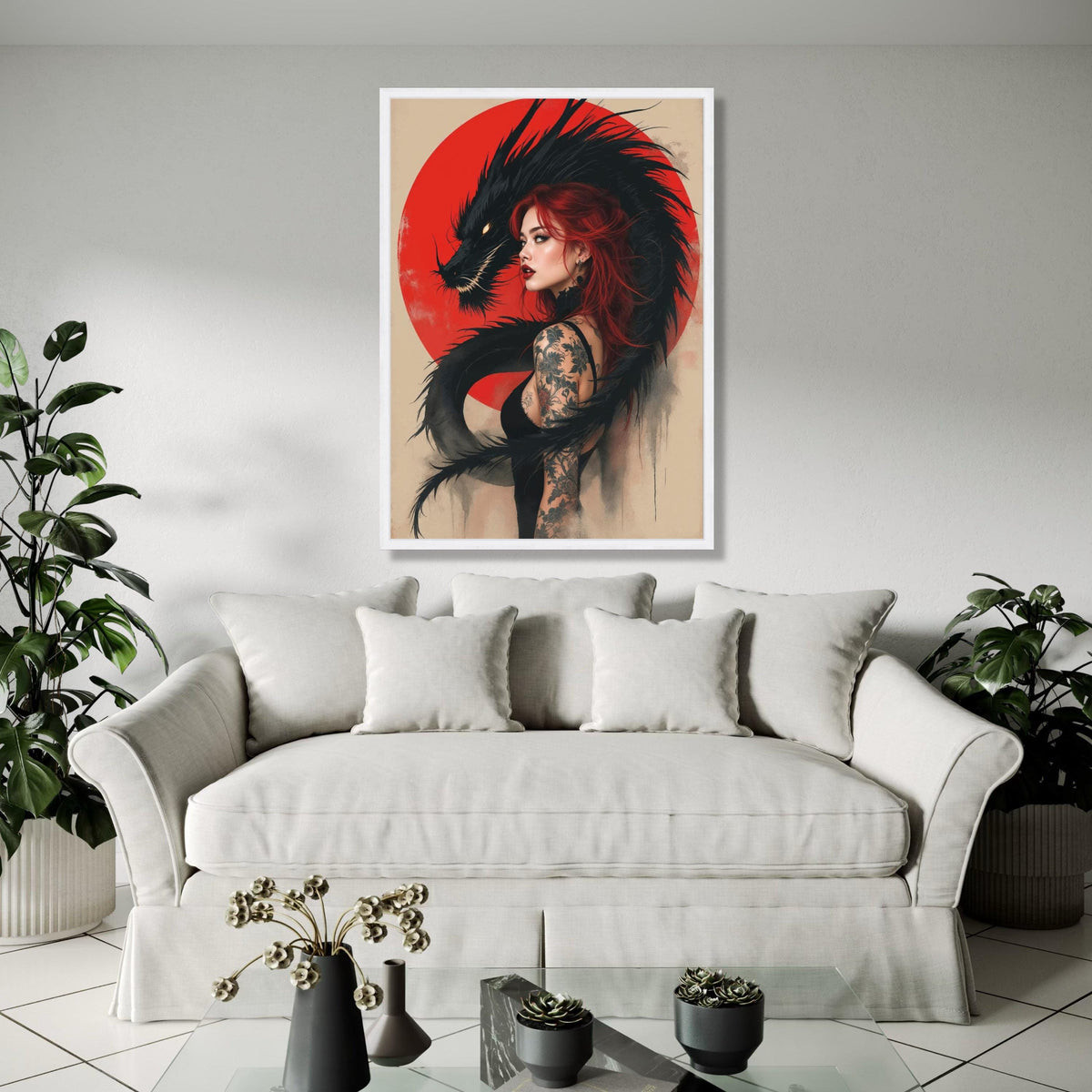 Red-Haired Woman with Black Dragon Canvas, Tattoo Art Wall Decor, Mythical Fantasy Illustration, Asian-Inspired Gift Art, Home Decor, Print