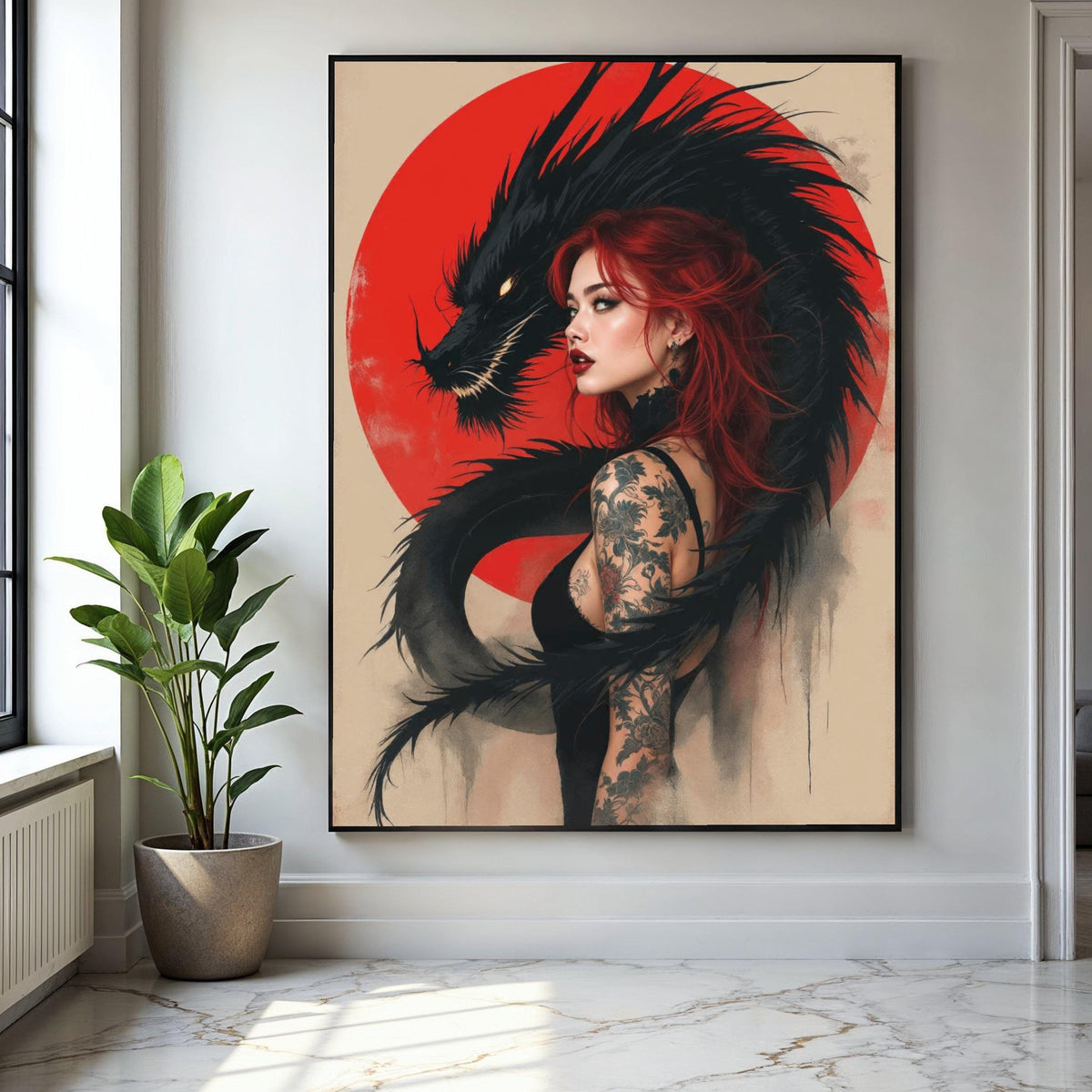 Red-Haired Woman with Black Dragon Canvas, Tattoo Art Wall Decor, Mythical Fantasy Illustration, Asian-Inspired Gift Art, Home Decor, Print
