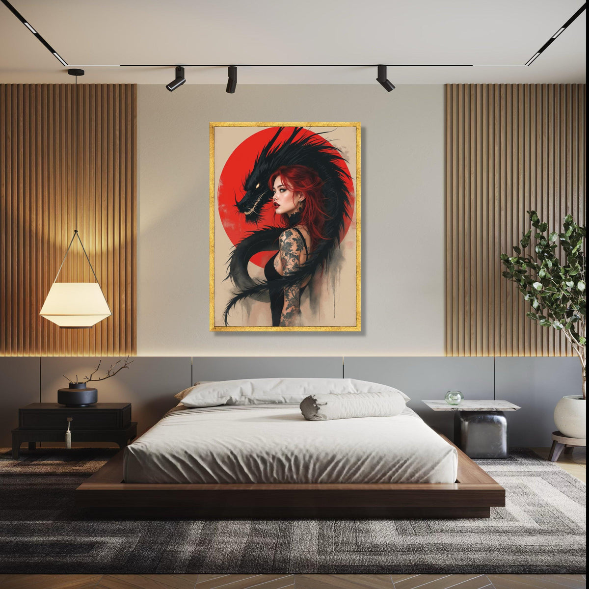 Red-Haired Woman with Black Dragon Canvas, Tattoo Art Wall Decor, Mythical Fantasy Illustration, Asian-Inspired Gift Art, Home Decor, Print