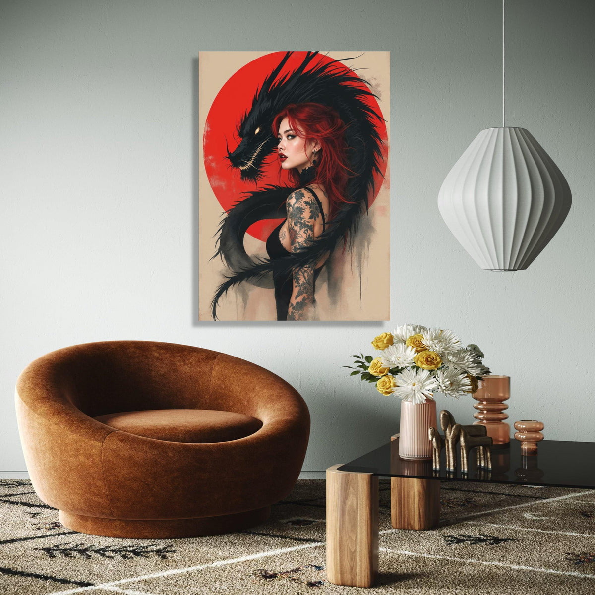 Red-Haired Woman with Black Dragon Canvas, Tattoo Art Wall Decor, Mythical Fantasy Illustration, Asian-Inspired Gift Art, Home Decor, Print
