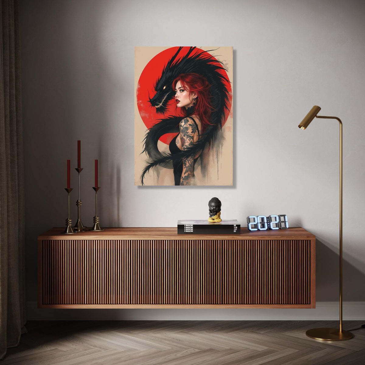 Red-Haired Woman with Black Dragon Canvas, Tattoo Art Wall Decor, Mythical Fantasy Illustration, Asian-Inspired Gift Art, Home Decor, Print