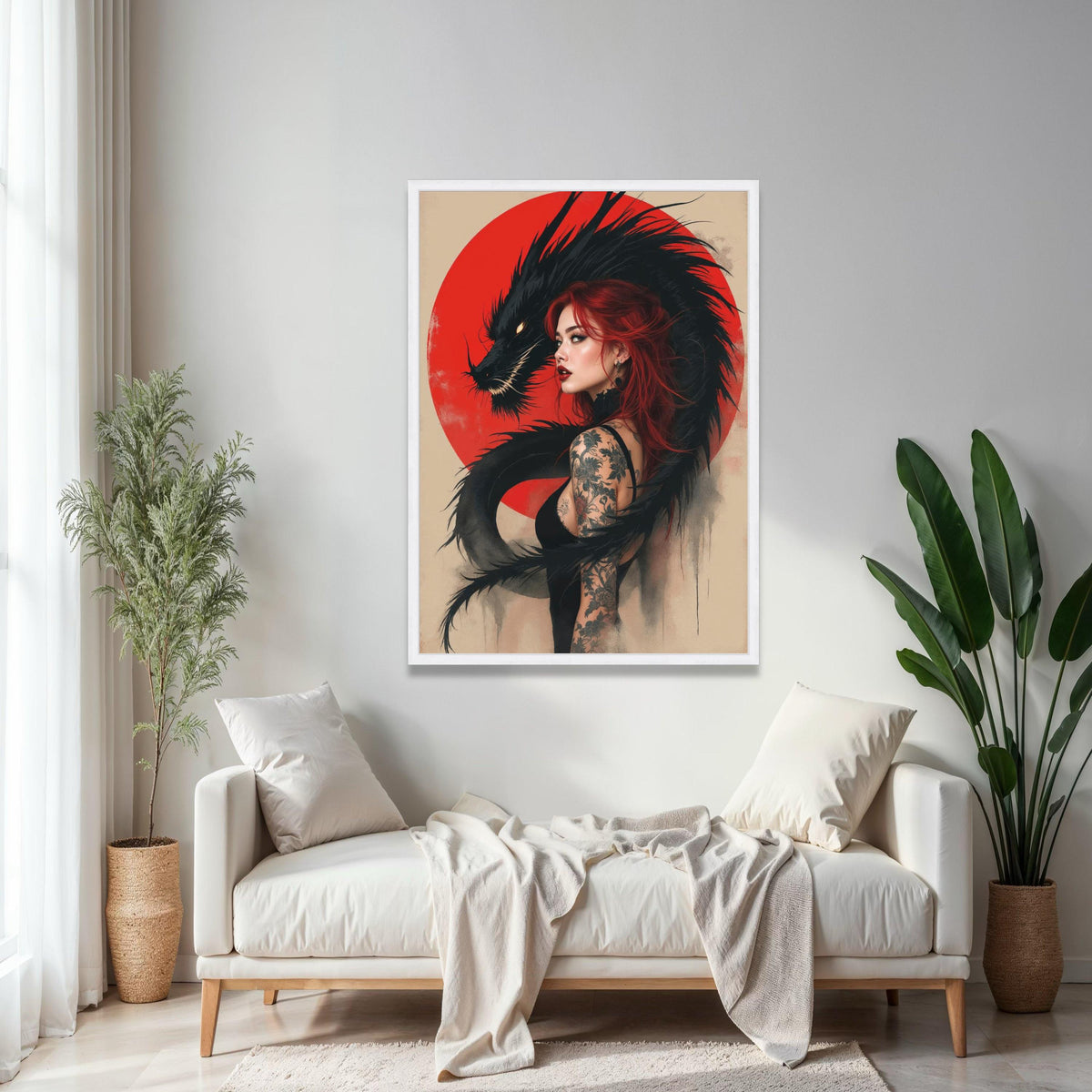 Red-Haired Woman with Black Dragon Canvas, Tattoo Art Wall Decor, Mythical Fantasy Illustration, Asian-Inspired Gift Art, Home Decor, Print