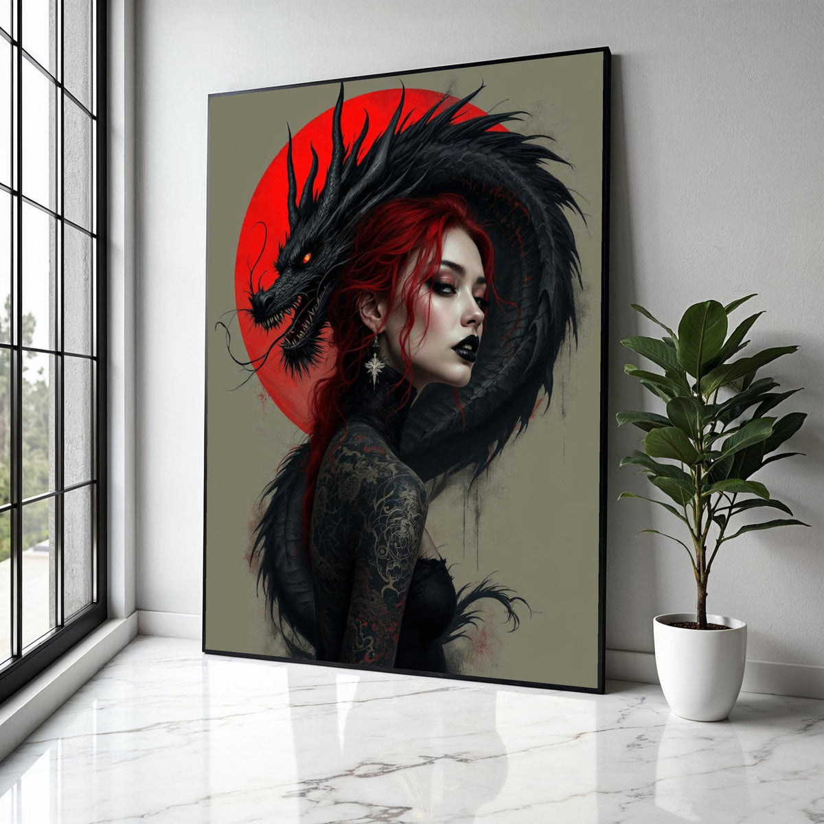 Dark Dragon Embrace, Red Haired Woman Canvas, Gothic Tattoo Art, Fantasy Wall Art, Mythical Creature Canvas, Gift Art, Home Decor, Print