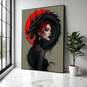 Dark Dragon Embrace, Red Haired Woman Canvas, Gothic Tattoo Art, Fantasy Wall Art, Mythical Creature Canvas, Gift Art, Home Decor, Print