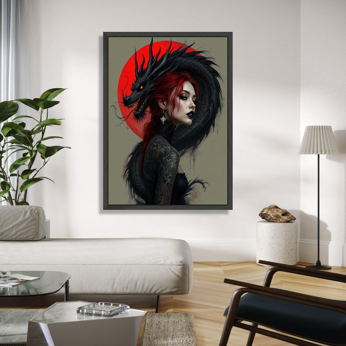 Dark Dragon Embrace, Red Haired Woman Canvas, Gothic Tattoo Art, Fantasy Wall Art, Mythical Creature Canvas, Gift Art, Home Decor, Print
