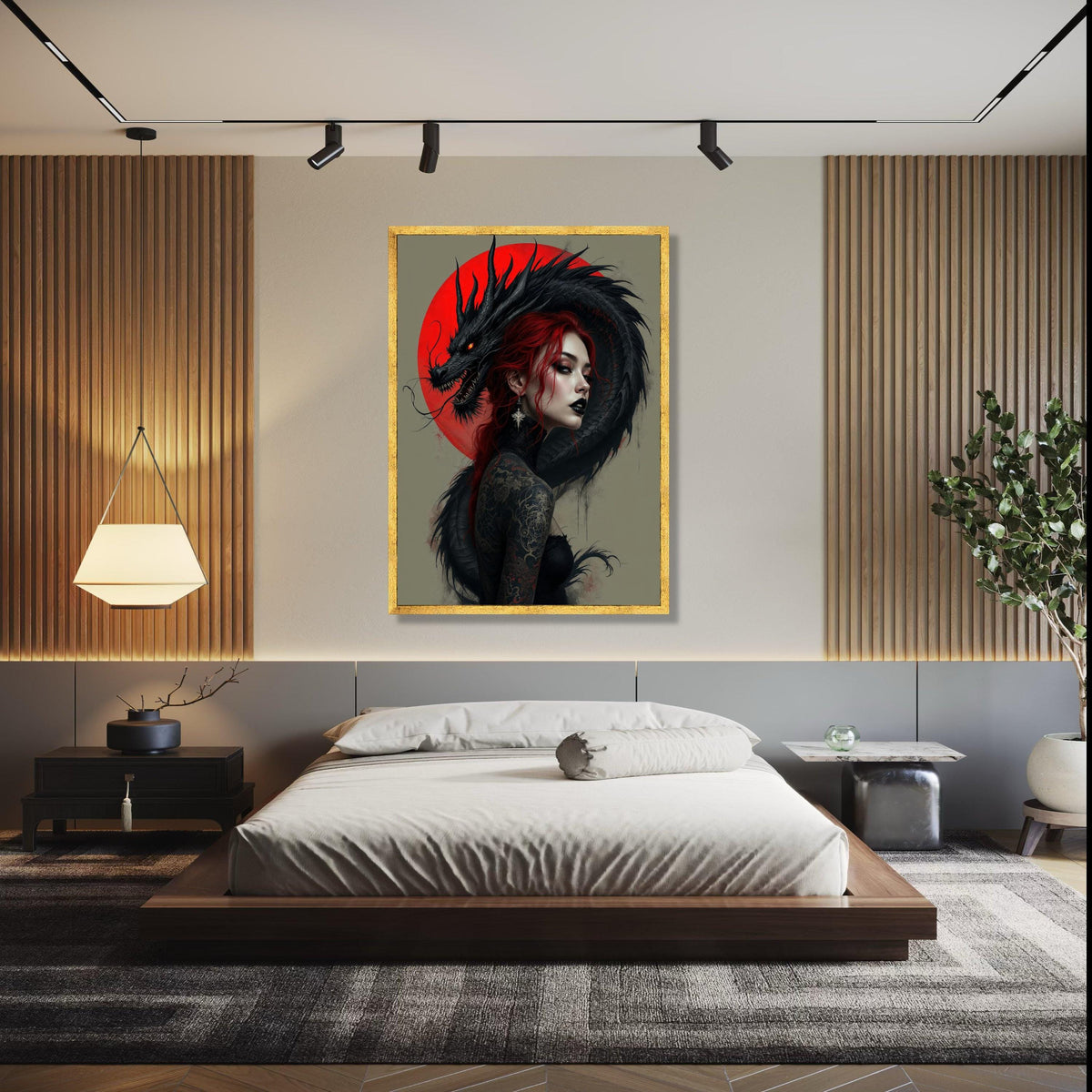 Dark Dragon Embrace, Red Haired Woman Canvas, Gothic Tattoo Art, Fantasy Wall Art, Mythical Creature Canvas, Gift Art, Home Decor, Print