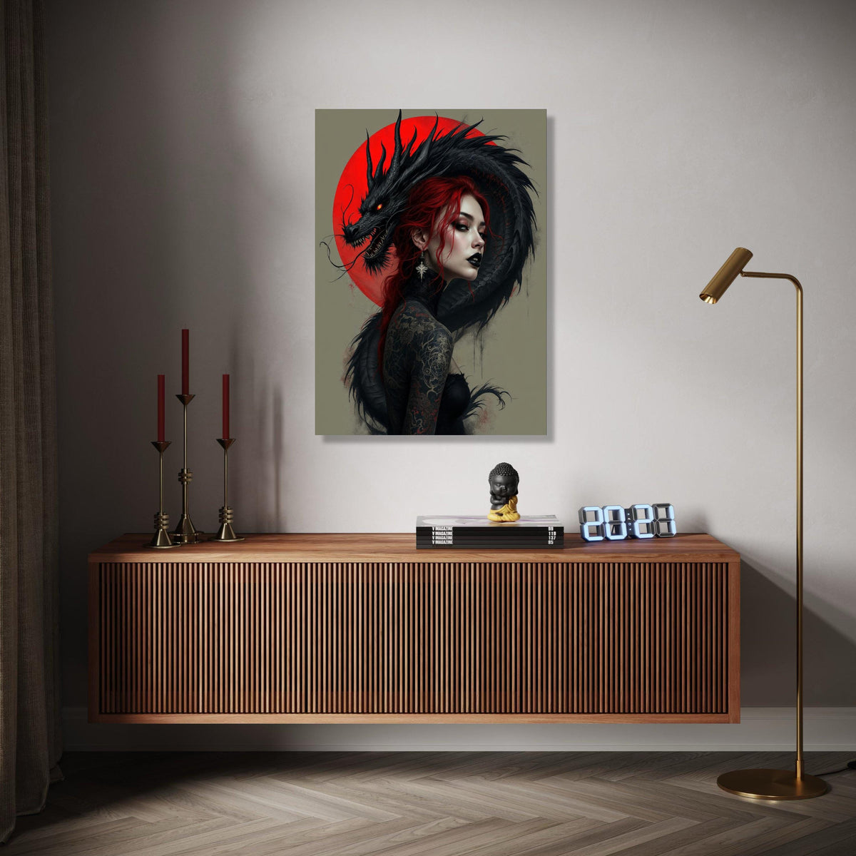 Dark Dragon Embrace, Red Haired Woman Canvas, Gothic Tattoo Art, Fantasy Wall Art, Mythical Creature Canvas, Gift Art, Home Decor, Print