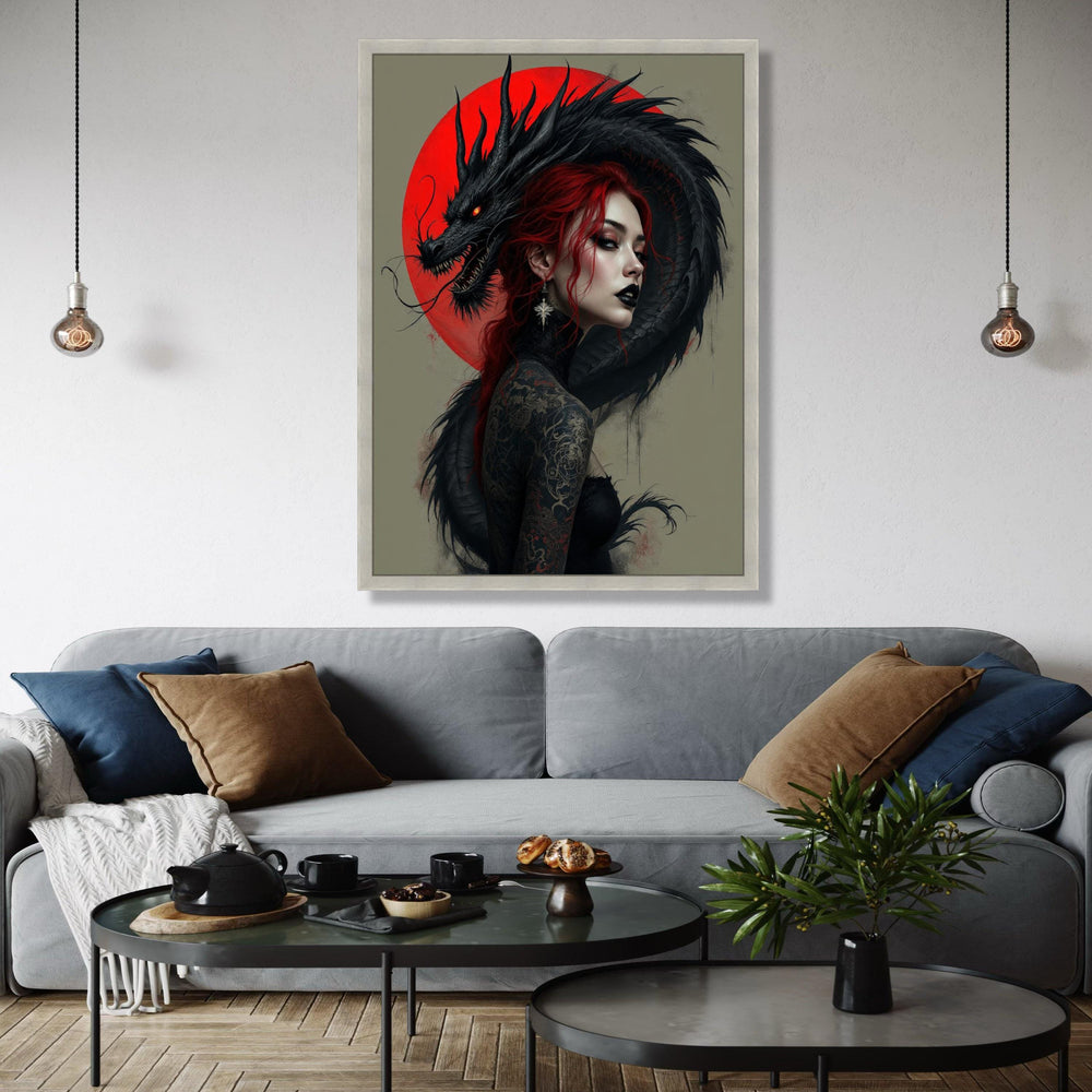 Dark Dragon Embrace, Red Haired Woman Canvas, Gothic Tattoo Art, Fantasy Wall Art, Mythical Creature Canvas, Gift Art, Home Decor, Print
