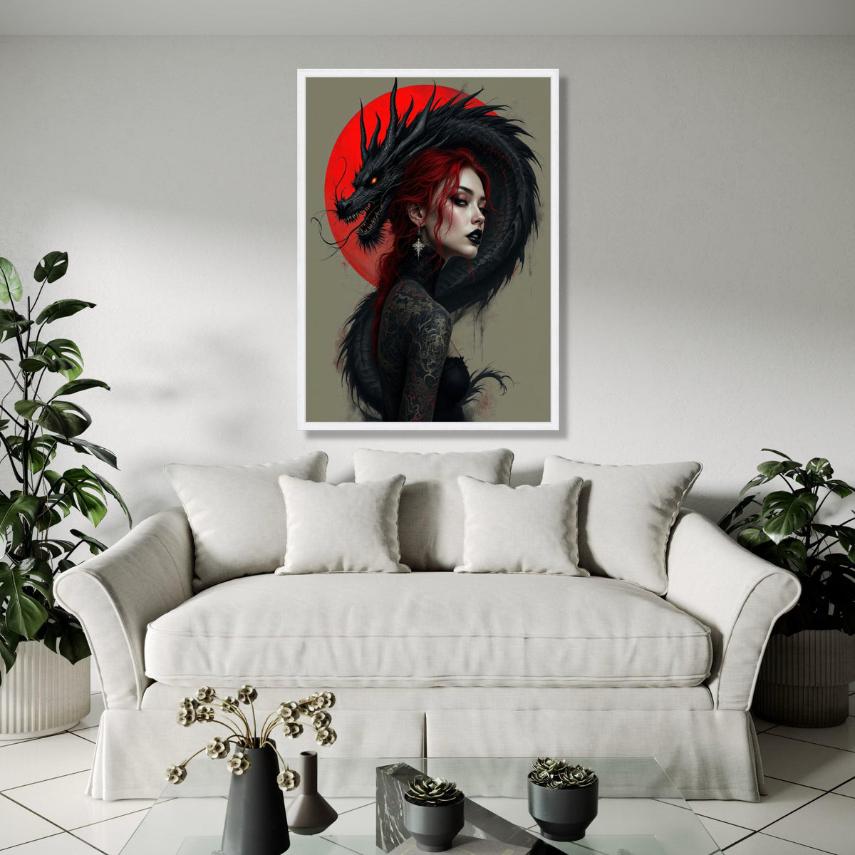 Dark Dragon Embrace, Red Haired Woman Canvas, Gothic Tattoo Art, Fantasy Wall Art, Mythical Creature Canvas, Gift Art, Home Decor, Print