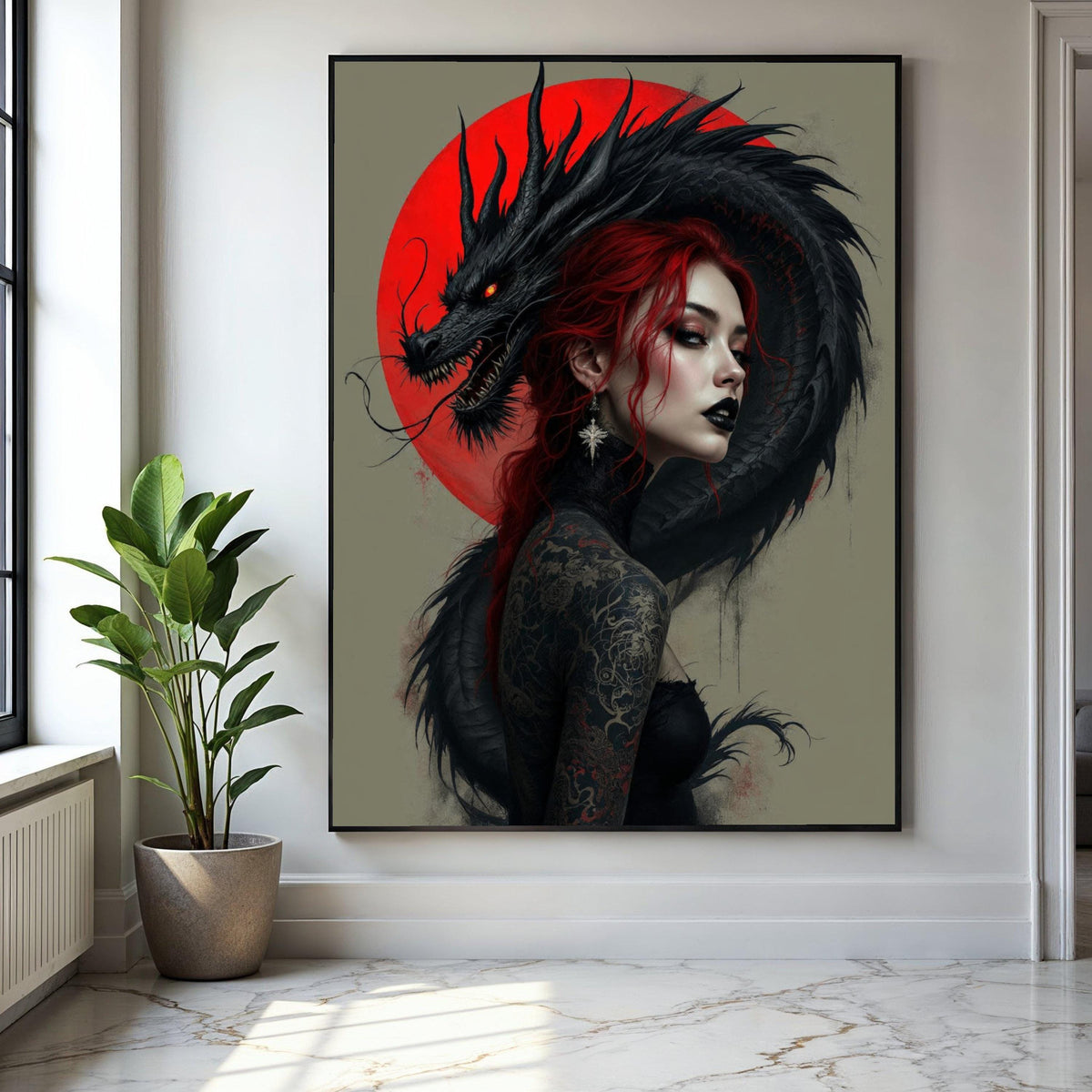 Dark Dragon Embrace, Red Haired Woman Canvas, Gothic Tattoo Art, Fantasy Wall Art, Mythical Creature Canvas, Gift Art, Home Decor, Print
