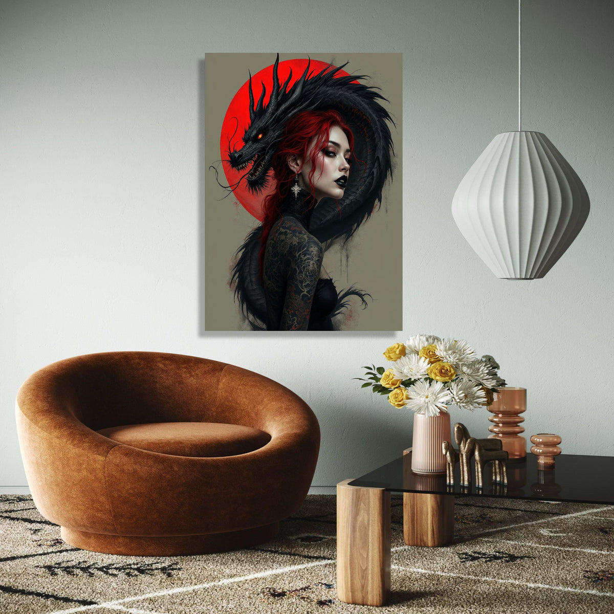 Dark Dragon Embrace, Red Haired Woman Canvas, Gothic Tattoo Art, Fantasy Wall Art, Mythical Creature Canvas, Gift Art, Home Decor, Print