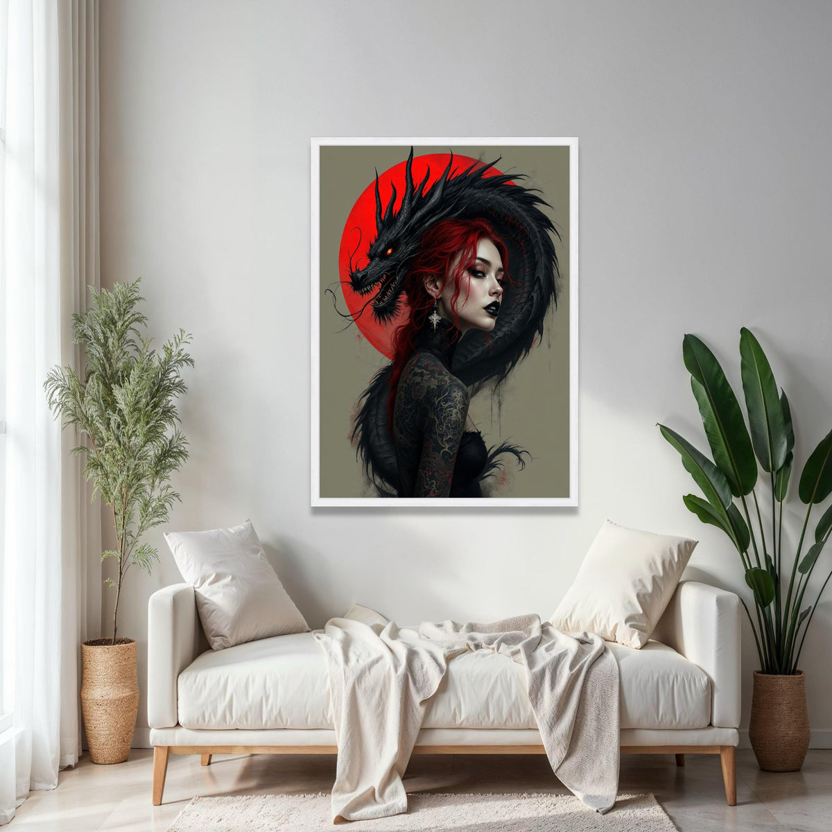 Dark Dragon Embrace, Red Haired Woman Canvas, Gothic Tattoo Art, Fantasy Wall Art, Mythical Creature Canvas, Gift Art, Home Decor, Print