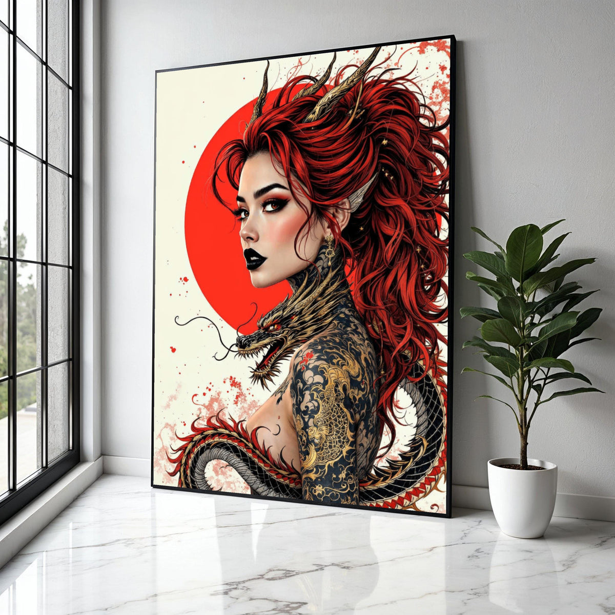 Fierce Red-Haired Woman with Dragon Tattoo, Asian Mythology Canvas, Fantasy Art Portrait, Gothic Wall Decor, Gift Art, Home Decor, Print
