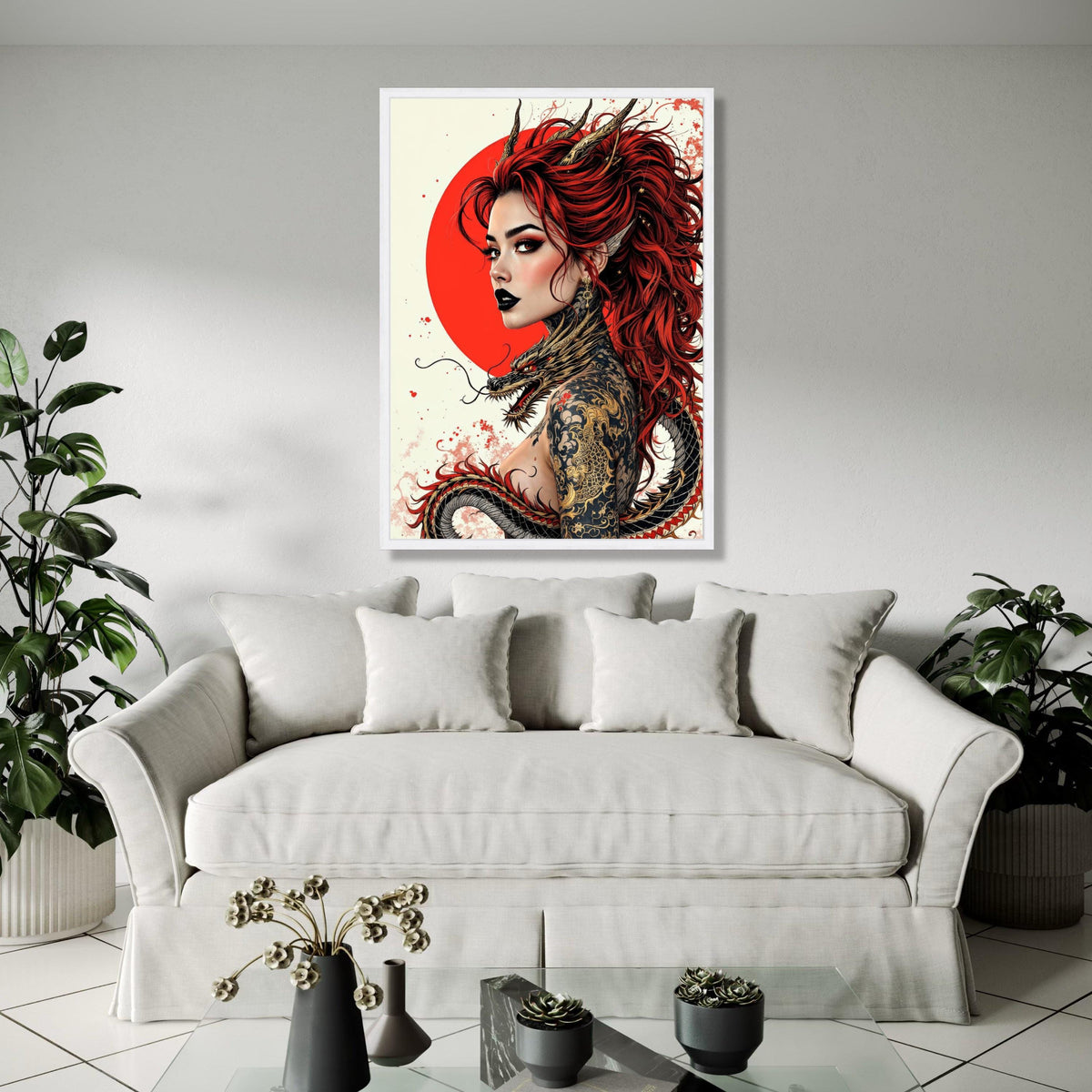 Fierce Red-Haired Woman with Dragon Tattoo, Asian Mythology Canvas, Fantasy Art Portrait, Gothic Wall Decor, Gift Art, Home Decor, Print