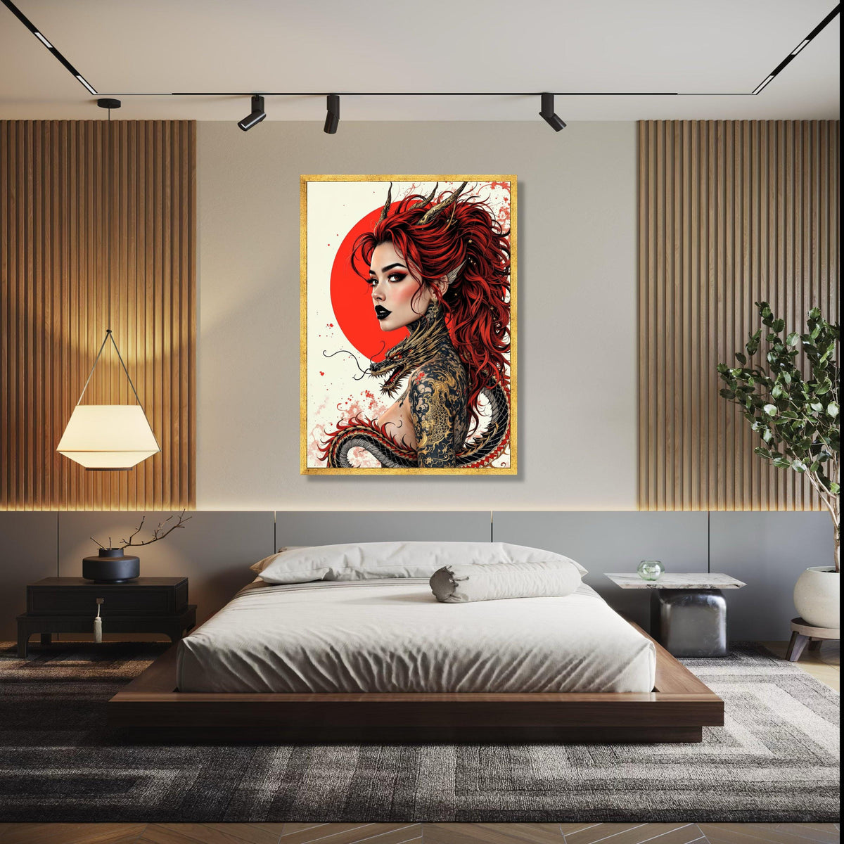 Fierce Red-Haired Woman with Dragon Tattoo, Asian Mythology Canvas, Fantasy Art Portrait, Gothic Wall Decor, Gift Art, Home Decor, Print