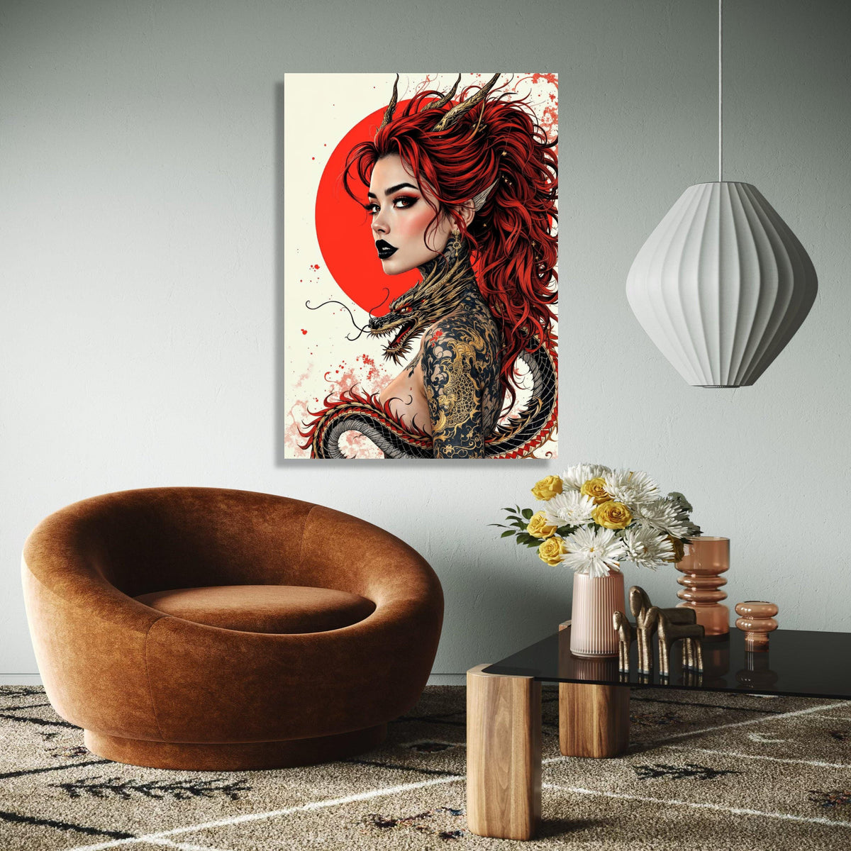 Fierce Red-Haired Woman with Dragon Tattoo, Asian Mythology Canvas, Fantasy Art Portrait, Gothic Wall Decor, Gift Art, Home Decor, Print